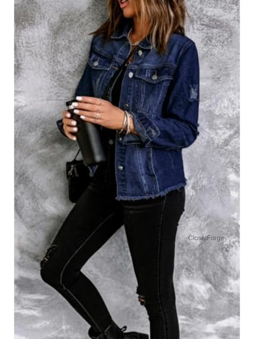 Distressed Oversized Denim Jacket Long Sleeve Button Down